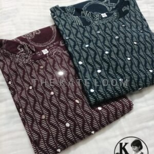 Women's Deep Marron, purple and teal blue pure cotton printed kurta with lining, three-quarter sleeves, breathable fabric, and elegant ethnic design for everyday and office wear.